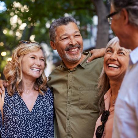 Group of friends talking outside; Group of friends together; Couple together; portrait of woman; portrait of man; family together – Pfizer Clinical Trials