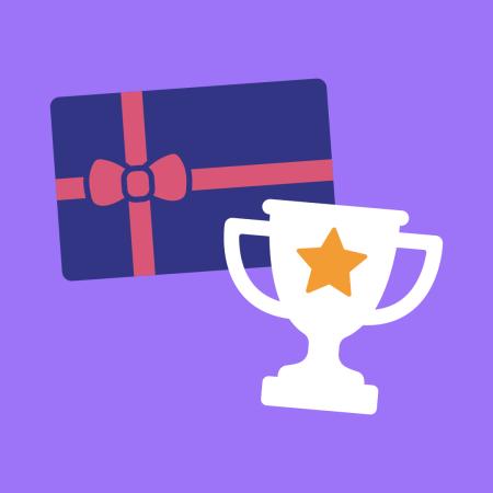 An illustration of a white trophy with a gold star layered over a navy blue gift card with a pink bow, all on a purple background.